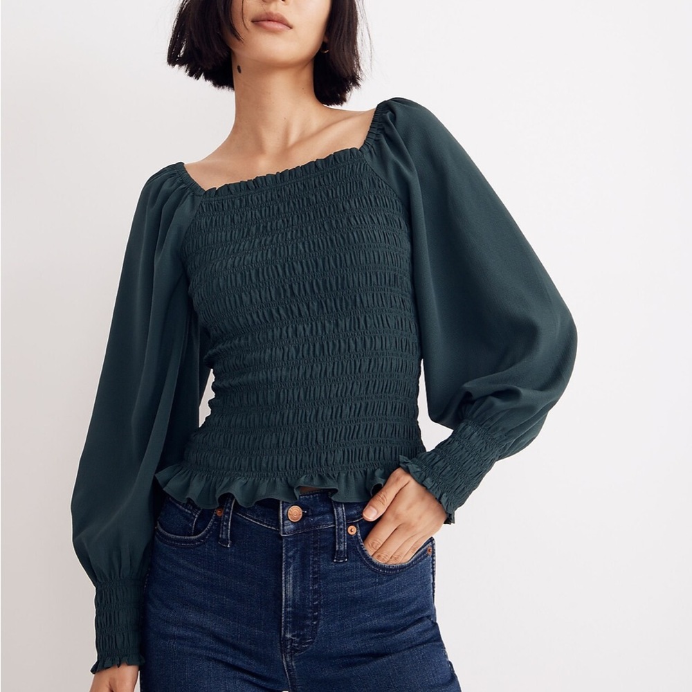 Madewell Dark Green Smocked Bodice Long-Sleeve Romantic Frill Lucy Top Size S